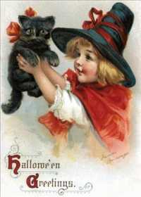 Girl with Black Cat Halloween Greeting Card (Halloween) （FLC CRDS）
