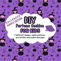 DIY Fortune Cookies for Kids, 9 different designs, cookie patterns, pre-written and custom messages : Halloween Purple Edition