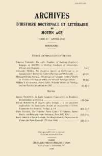 ARCHIVES D'HISTOIRE LITTERAIRE ET DOCTRINALE DU MOYEN AGE LXXXVII  2020 (AHDLMA)